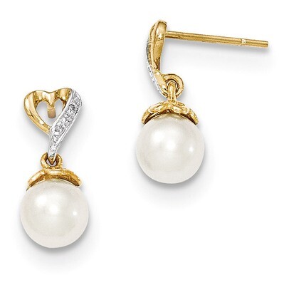 Diamond and 6-7mm Round Cultured Pearl Heart Dangle Earrings 14k Gold XE2499AA, MPN: XE2499AA, 8839…