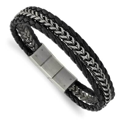 Brushed Black Leather with .5 Inch Extender 8.25 Inch Bracelet Stainless Steel Antiqued SRB3014-8.2…