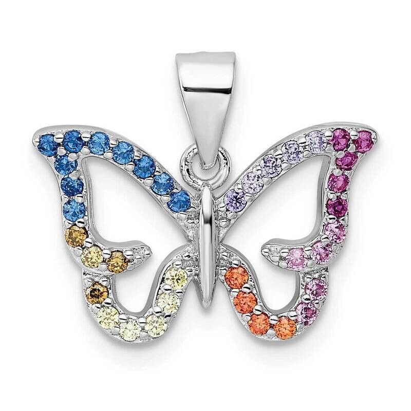 Multicolor CZ Diamond Butterfly Pendant Sterling Silver Rhodium-plated QC11038