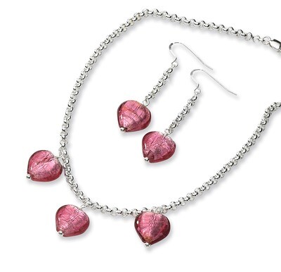 Pink Murano Glass Heart Earrings and Necklace Set Sterling Silver QST139