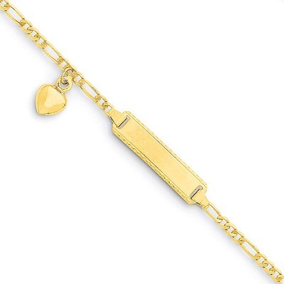 Figaro Link with Dangling Heart Baby Child ID Bracelet 14k Gold Engravable BID55-6, MPN: BID55-6, 8…