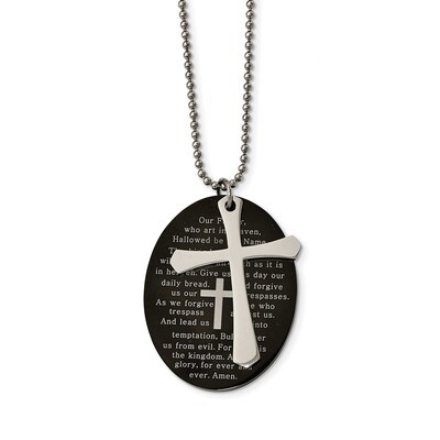 Black IP Lord&#39;s Prayer Oval Cross Necklace Stainless Steel Polished SRN2041-24 by Chisel, MPN: SRN2…