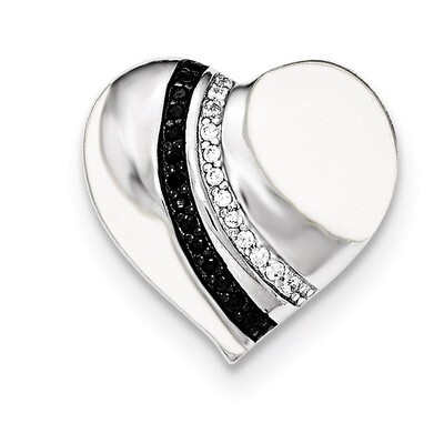 Black Rhod &amp; Enamel White-Black CZ Heart Chain Slide Pendant Sterling Silver QP4192