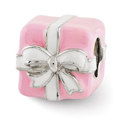 Pink &amp; White Enameled Present Bead Sterling Silver QRS2949, MPN: QRS2949, 883957577531
