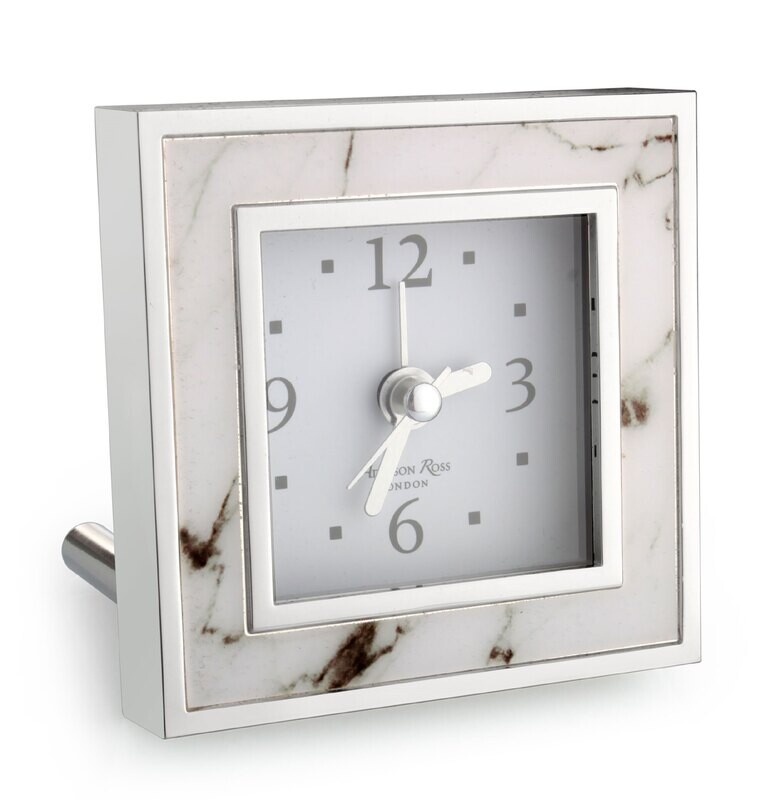 Addison Ross White Marble Alarm Clock 3 x 3 Inch Silver-plated FR1011