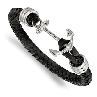 Black Braided Leather Anchor 8.5 Inch Bracelet Stainless Steel Polished SRB1910-8.5 by Chisel, MPN:…