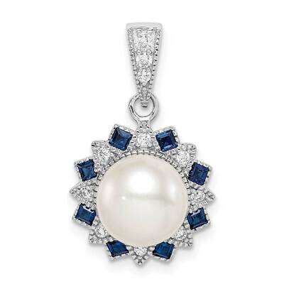 Freshwater Cultured Pearl &amp; Syn. Blue Spinel Flower Pendant Sterling Silver Rhodium-plated QP5074, …