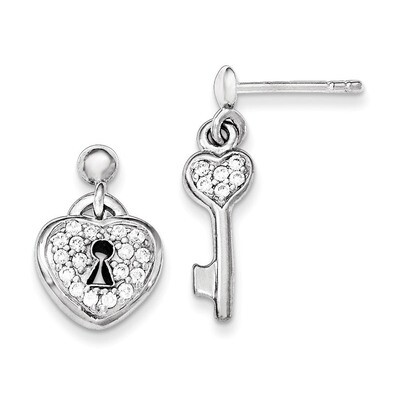 Polished CZ Heart Lock &amp; Key Post Dangle Earrings Sterling Silver QE11892