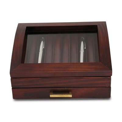 Walnut Wood 19 Pen Box with Glass Top, Drawer and Gold Accents GM13323, MPN: GM13323, 797140596493