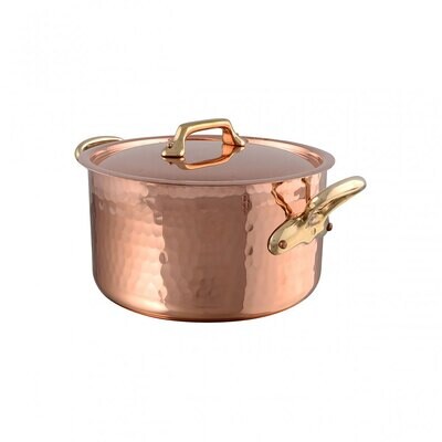 Mauviel M&#39;Tradition Hammered Copper Stewpanwith Lid And Bronze Handles Tin Inside 24cm 215124