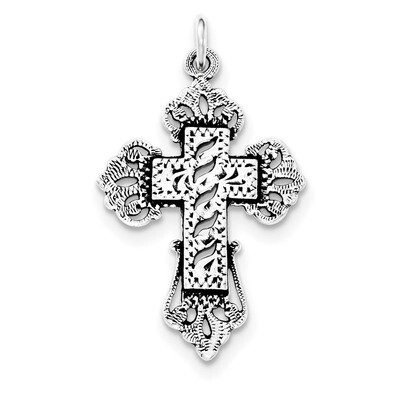 Antiqued &amp; Textured Designed Edges Cross Pendant Sterling Silver QC8222