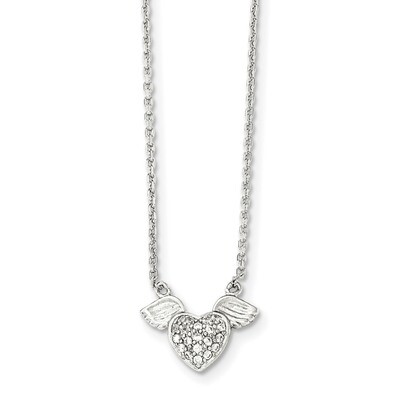 CZ Diamond Heart with Wings Necklace 16 Inch Sterling Silver Polished QG4019-16, MPN: QG4019-16, 19…