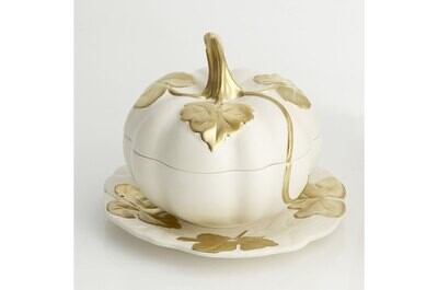 Mottahedeh Melon Tureen Matt White &amp; Gold &amp; Stand 6 34 Inch Diameter TD302, MPN: TD302,