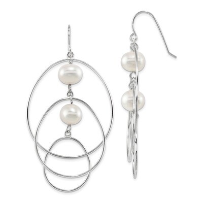 8-9mm White Round Cultured Freshwater Pearl Hoop Earrings Sterling Silver Rhodium-plated QE13903, M…