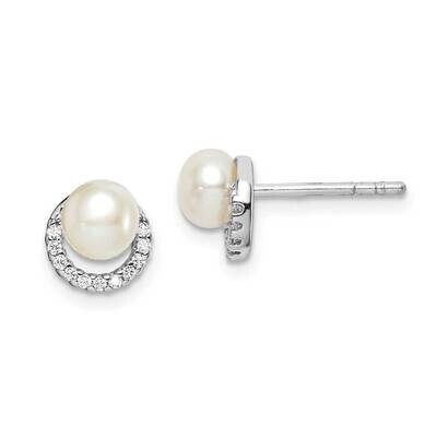Freshwater Cultured Pearl &amp; CZ Diamond Post Earrings Sterling Silver Rhodium Plated QE15056, MPN: Q…