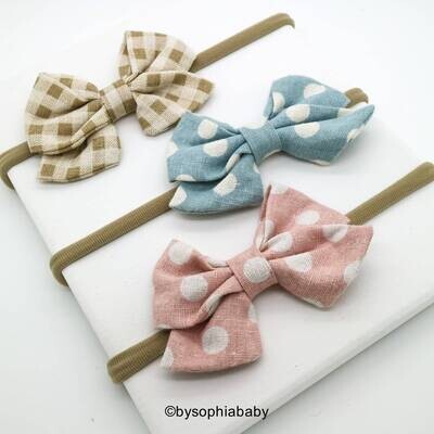 Baby Linen Bows Linen School Girl Bow Dots Bow Headband Newborn Baby Bows Grid Bow Headband Linen G…