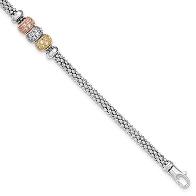Rose And Yellow Gold Tone CZ Beads Mesh Bracelet Sterling Silver QG3848-7.5