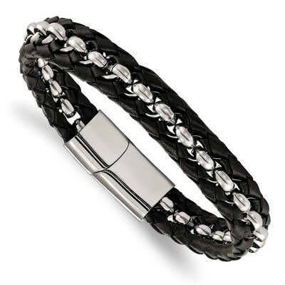 Black Leather Braided 8.5 Inch Bracelet Stainless Steel Polished SRB1935-8.5 by Chisel, MPN: SRB193…
