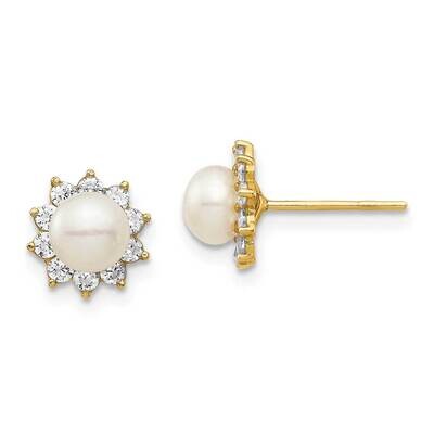 5-6mm White Button Freshwater Cultured Pearl Post Earrings 14k Gold CZ Diamond SE2955 by Madi K, MP…