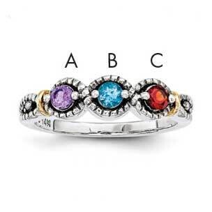 Three-Stone and Diamond Mother&#39;s Ring Sterling Silver &amp; 14k Gold QMR28/3SY-10, MPN: QMR28_3--6,