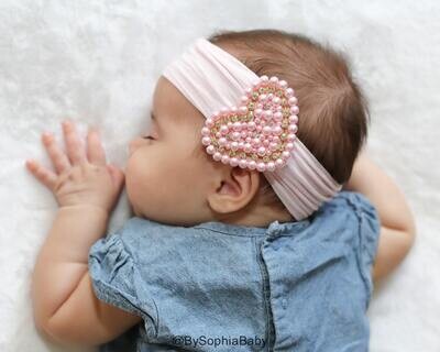 Baby Headband Pink Pearl Heart Headband Baby Light Pink Headband Baby Head wrap Flower Girl Headban…