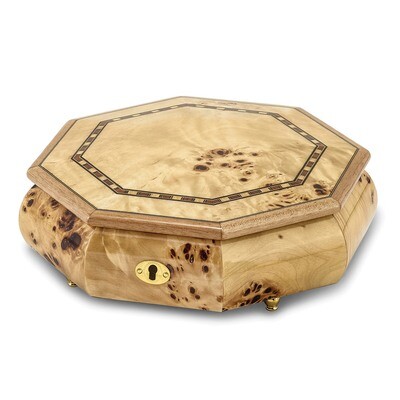 Walnut Burl Veneer with Inlay Locking Octagonal Music Box Plays Fur Elise by Jere, MPN: JMB356, 191…