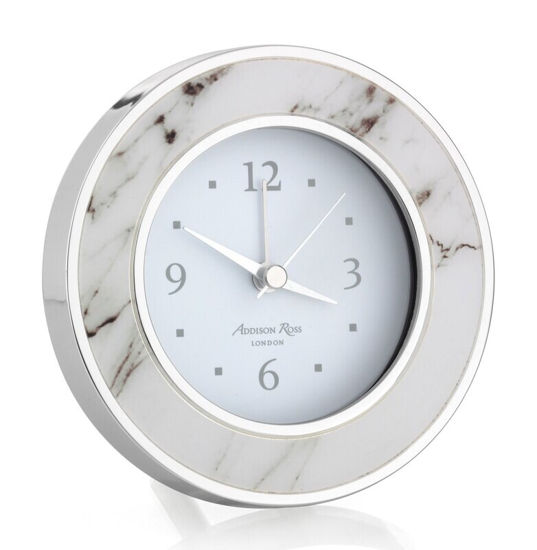 Addison Ross White Marble Silver Alarm Clock 4 x 4 InchSilver-plated FR5514