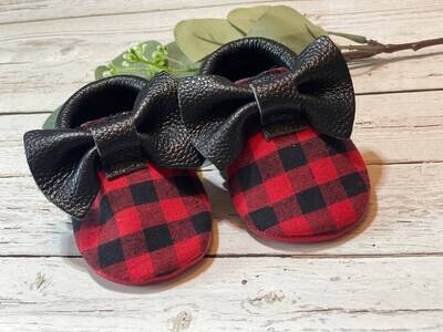 Black and Red plaid Moccasins Plaid and Red sole Bow Moccasins Baby Leather Shoes Toddler Moccasins…