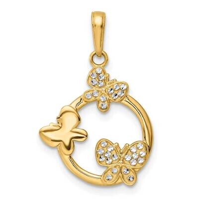 Butterflies On Circle Pendant 14k Gold and White Rhodium Diamond-Cut M3014, MPN: M3014, 196904083444