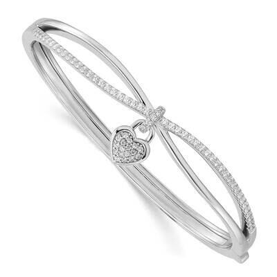 CZ Diamond Heart Dangle Hinged Bangle Sterling Silver Rhodium-Plated QB1442, MPN: QB1442, 196904155…