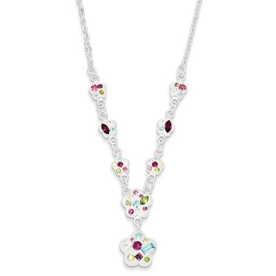 Sterling Silver Stellux Multi Crystal Flower with 2 inch Ext. Necklace QG3455-18