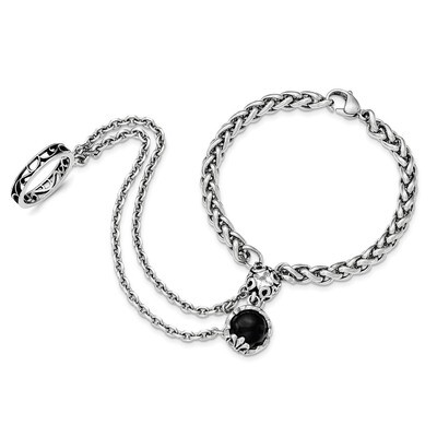 Antiqued-Polished Crystal-Glass Connected Bracelet&amp;Ring Stainless Steel SRB1699-7