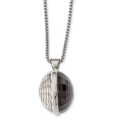 Polished Grey &amp; Clear Glass Round Pendant Necklace Stainless Steel SRN2017-24