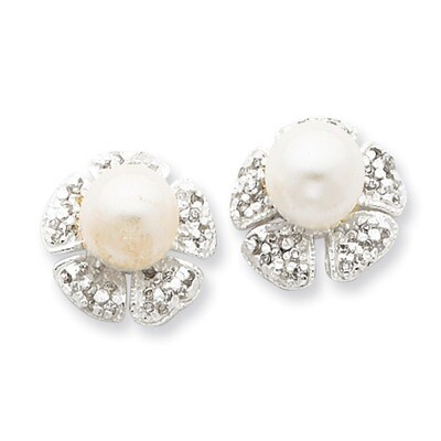 CZ &amp; Simulated Pearl Post Earrings Sterling Silver QE5104