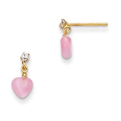 CZ and Pink Cat&#39;S Eye Heart Dangle Post Earrings 14k Gold GK737, MPN: GK737, 191101368479