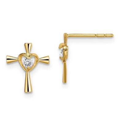 Cross with Heart Post Earrings 14k Gold CZ Diamond GK980 by Madi K, MPN: GK980, 191101901638