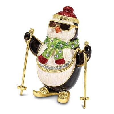 By Jere KOOLIO Skiing Penguin Trinket Box with Matching 18 Inch Necklace Pewter Bejeweled Crystals …