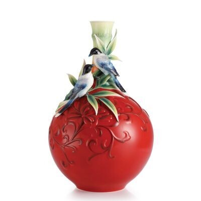 Franz Porcelain Magpies Perching On Bamboo Design Sculptured Porcelain Large Vase With Wooden Base …