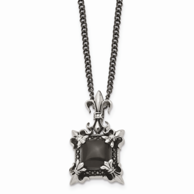 Black Agate Fleur de lis Necklace Stainless Steel Antiqued SRN1140-20 by Chisel, MPN: SRN1140-20, 8…