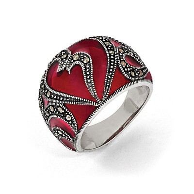 Marcasite &amp; Red Epoxy Ring Sterling Silver QR5892-7