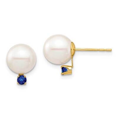 8-8.5mm White Round Freshwater Cultured Pearl Sapphire Post Earrings 14k Gold XF754E_S, MPN: XF754E…