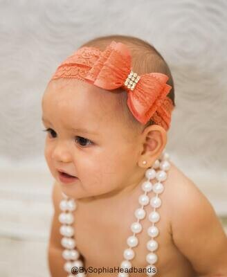 Coral Big Bow Headband Coral Baby Headband Newborn Headband Baby Bow Headband Coral Lace Headband O…