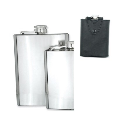 Black Leather Case Polished Stainless Steel 8Oz Hip Flask GP2747, MPN: GP2747,