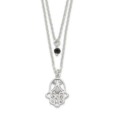 Black Glass Stone and White CZ Diamond 2-Strand Hamsa Necklace 16 Inch Sterling Silver QG6057-16, M…