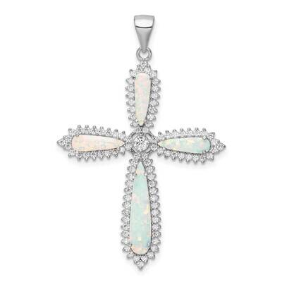 White Created Opal Beaded Border Cross Pendant Sterling Silver Rhodium-Plated QC11163, MPN: QC11163,