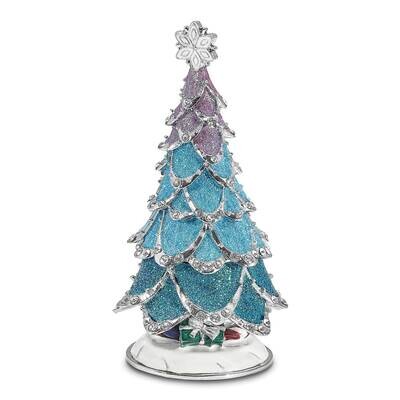 By Jere ARCTIC BLUE Christmas Tree Trinket Box with Matching 18 Inch Necklace Pewter Bejeweled Crys…
