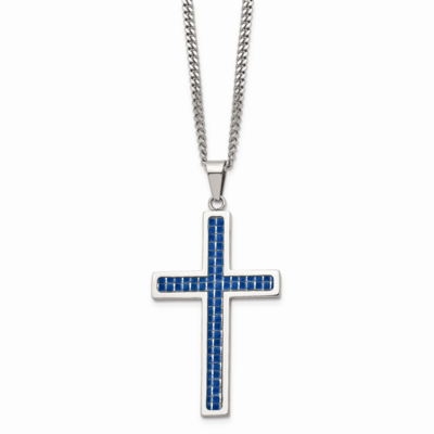 Blue Carbon Fiber Inlay Polished Large Cross Necklace Stainless Steel SRN1302-22 by Chisel, MPN: SR…