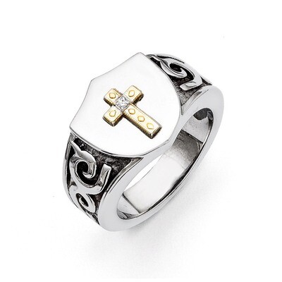 10K Gold Cross and .02ct Diamond Polished Ring - Stainless Steel SR293 by Chisel, MPN: SR293, 88677…