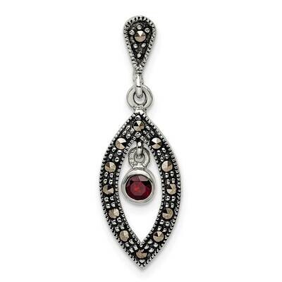 Marcasite &amp; Red Glass Stone Pendant Sterling Silver Antiqued QP5580, MPN: QP5580,