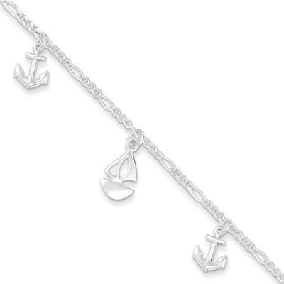 9 Inch Boat and Anchor &amp; Extension Anklet Sterling Silver Polished QG3159-9, MPN: QG3159-9, 8867749…